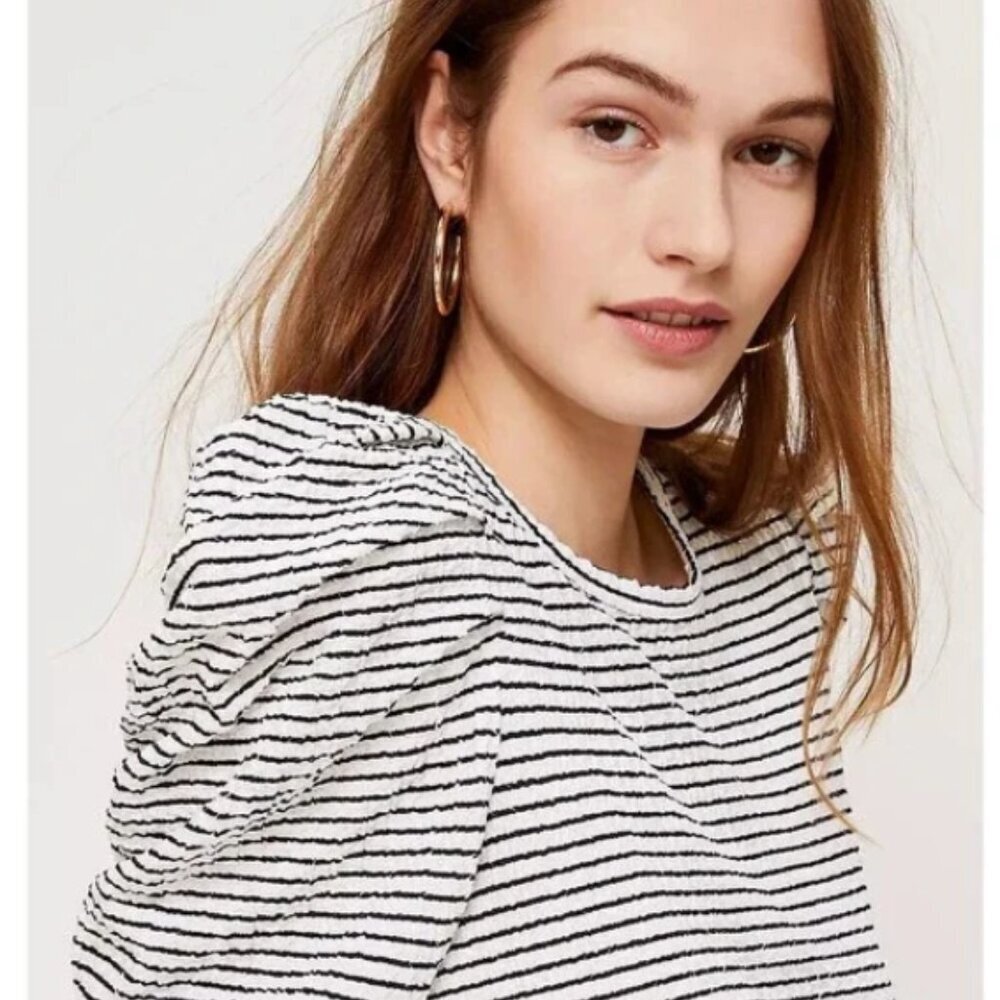 LOFT Striped Pleated Puff Long Sleeve Top Size M - Picture 2 of 7